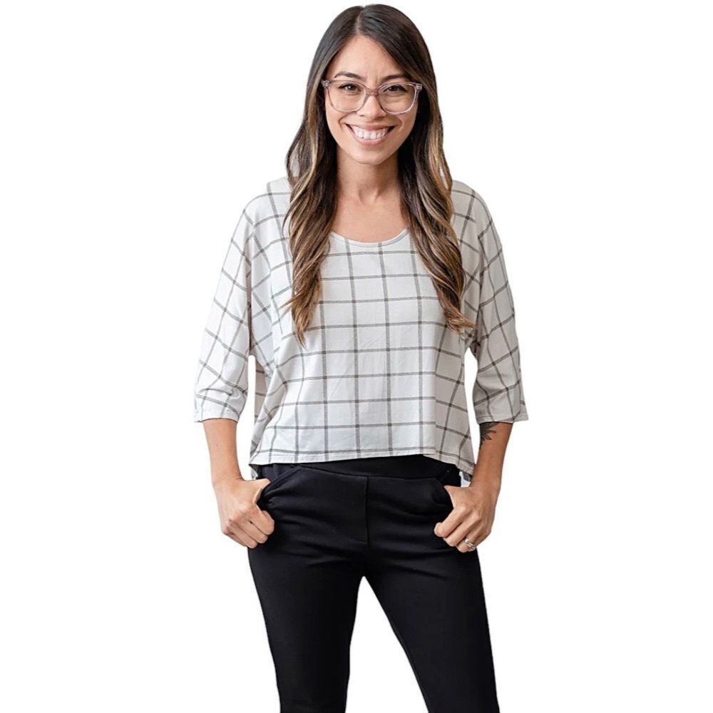 Adrianna Papell Windowpane Grid Print 3/4 Sleeve Blouse White & Black Size Large